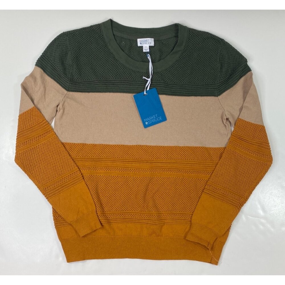 Market & Spruce Womens Olive Tan Mustard Color Block Textured Sweater Size L